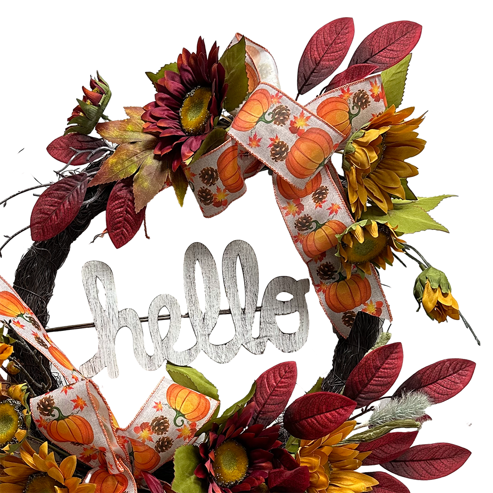 Senmasine Mixed Autumn Bow Red Maple Leaves DIY decor 22 Inch Fall Harvest Hello Sign Sunflower Artificial Grapevine Wreath