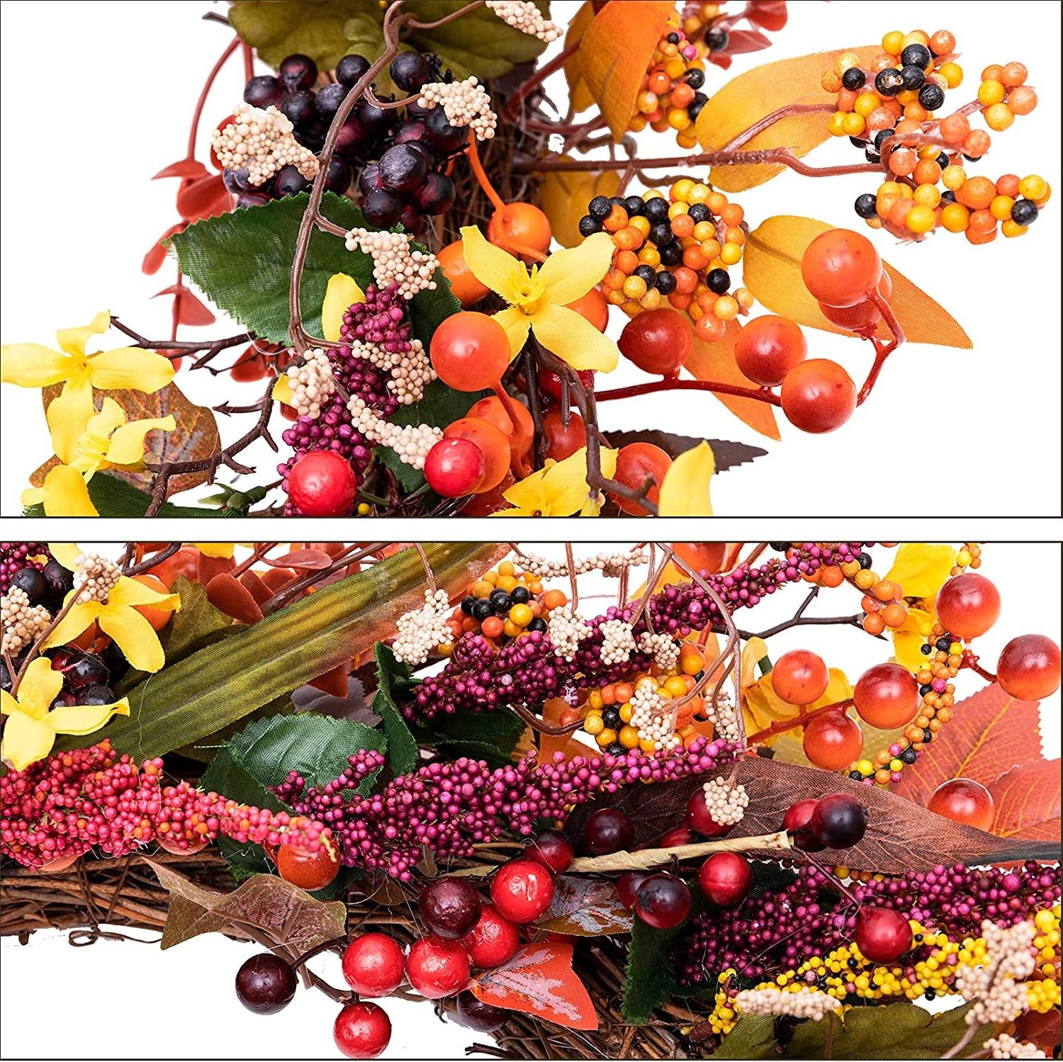 24 Inch Fall Door Wreath Berry Autumn Fall Leaf Flower Harvest Wreath for Front Door Thanksgiving Halloween Fall Decorations