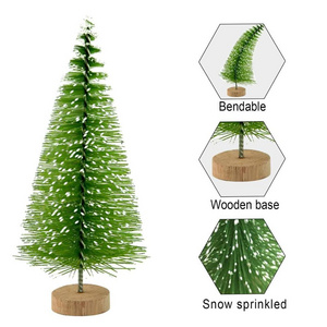 Sisal Bottle Brush Mini Pine Trees with Wood Base Snow Frosted Trees Winter Snow Tabletop christmas decoration supplies