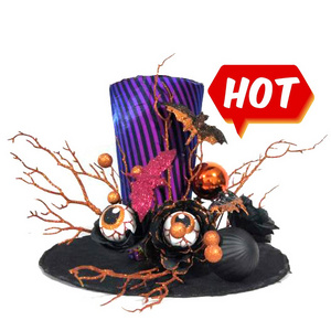 39cm purple black hat Halloween with bronze glitter plastic branches black roses bat styrofoam ball branch decoration eye