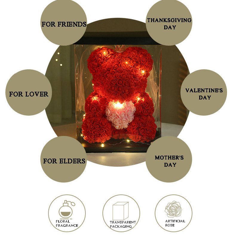 2023 Valentines Day Gift Styrofoam PE Foam Preserved Flower Artificial Teddy Rose Bears With Led Light Heart Gift Box 25cm 40cm