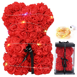 2023 Valentines Day Gift Styrofoam PE Foam Preserved Flower Artificial Teddy Rose Bears With Led Light Heart Gift Box 25cm 40cm