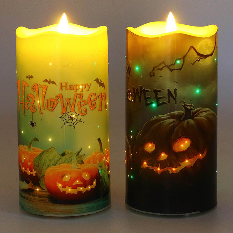 Senmasine Plastic Fiber Optic Flickering Candles Printing Halloween Pumpkin Pattern Flameless Led Candle