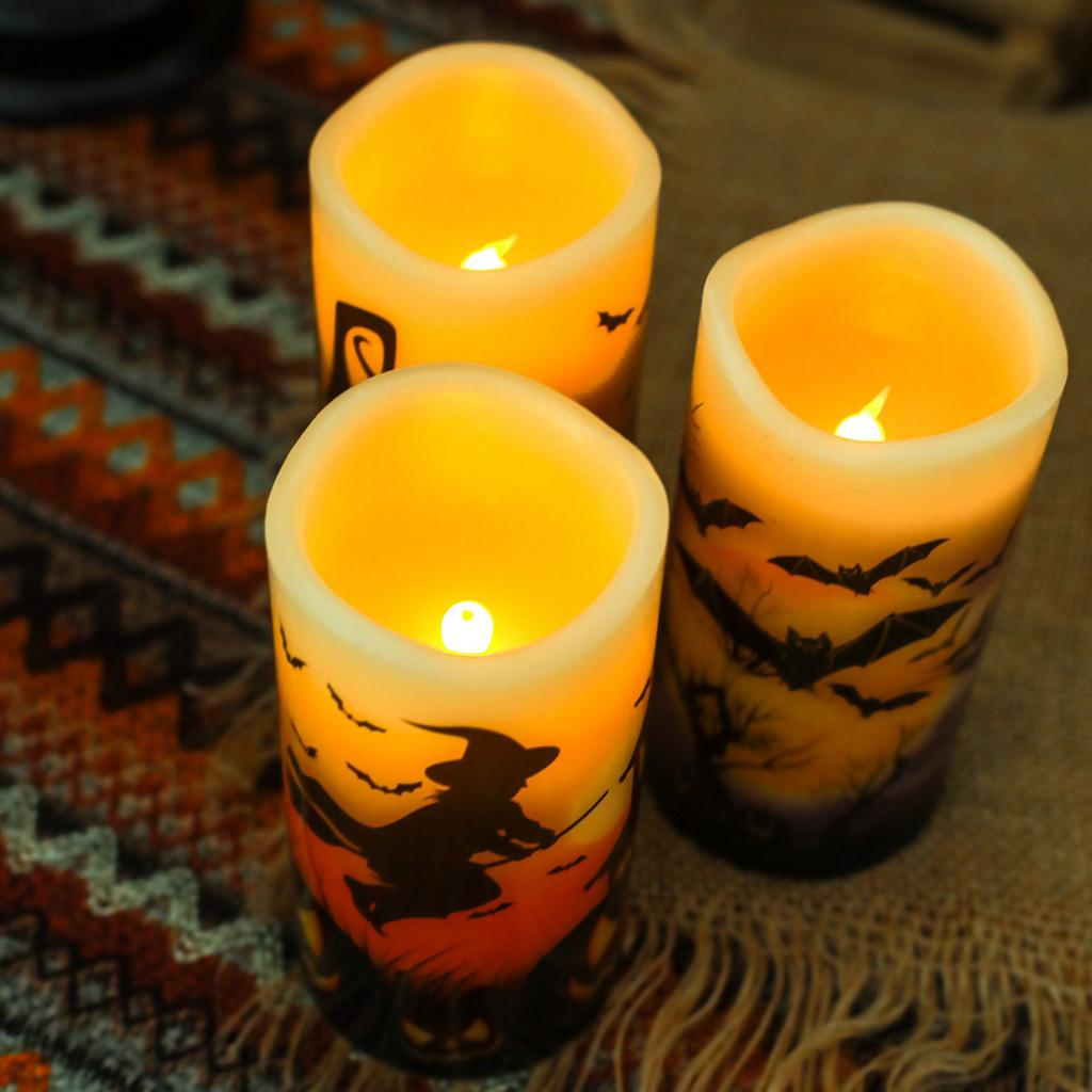 Senmasine Halloween Party Decoration Decal Battery Operated Flickering Wick Real Pillar Wax Flameless Candles Led