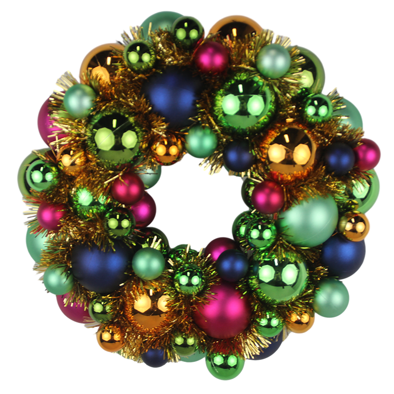 Senmasine Colorful Design 33cm Tinsel Ornaments Baubles Shatterproof Ball Christmas Wreath With Plastic Base Xmas Party Decor