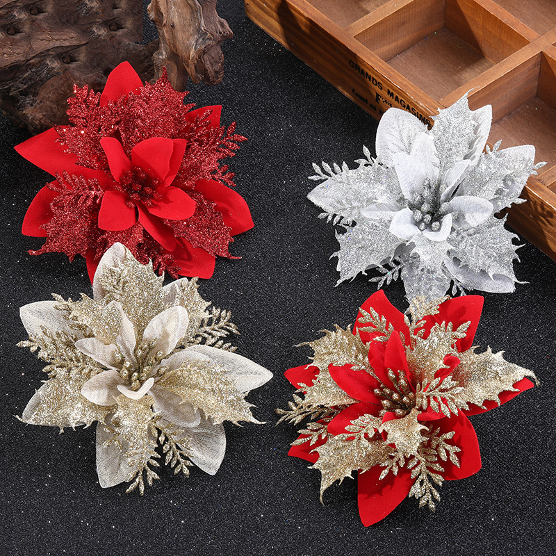 Poinsettia flower christmas artificial with Clips for Xmas Tree Ornaments Red Glitter Gold