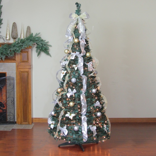 Hot sales 6ft Pre-Lit Silver and Gold Pre-Decorated Pop Up Artificial Christmas Tree with 350 clear mini lights