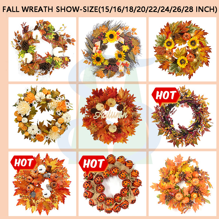 24 Inch Fall Door Wreath Berry Autumn Fall Leaf Flower Harvest Wreath for Front Door Thanksgiving Halloween Fall Decorations