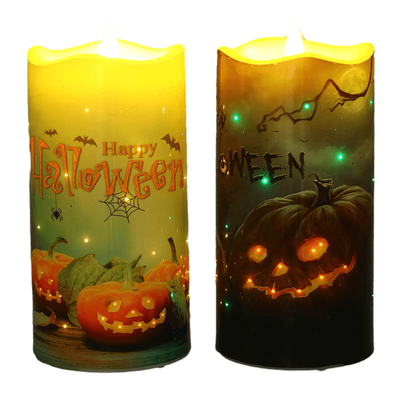 Senmasine Plastic Fiber Optic Flickering Candles Printing Halloween Pumpkin Pattern Flameless Led Candle