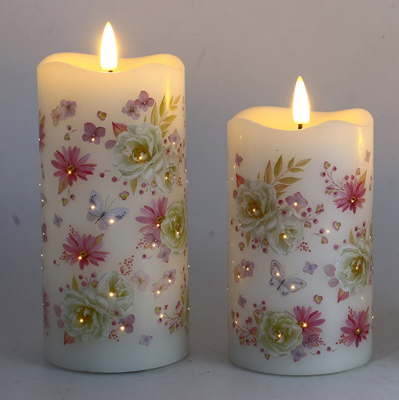 Senmasine Bullet Lamp Head Flameless Candles Flower Printing Pattern Fiber Optic Flicker Led Wax Candle