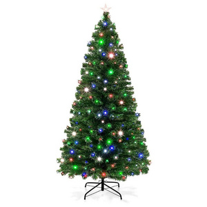 Foldable Stand 7ft Pre-Lit Fiber Optic Green Artificial Christmas Pine Tree with 4-Color LED Lights