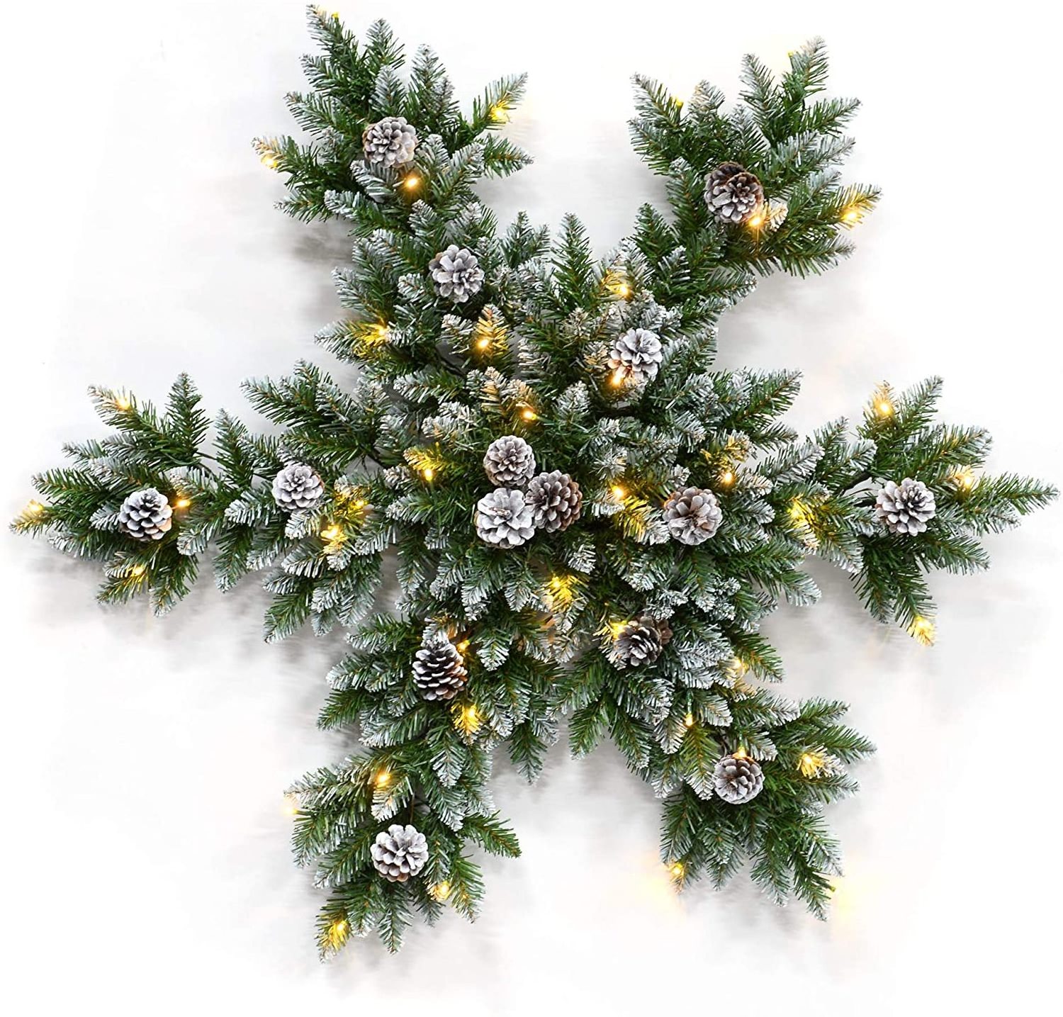 32 Inches Pre-Lit Artificial Snowflake Christmas Star Wreath with Glittery Bristle Pine White Lights Pine Cones Frosted Branches