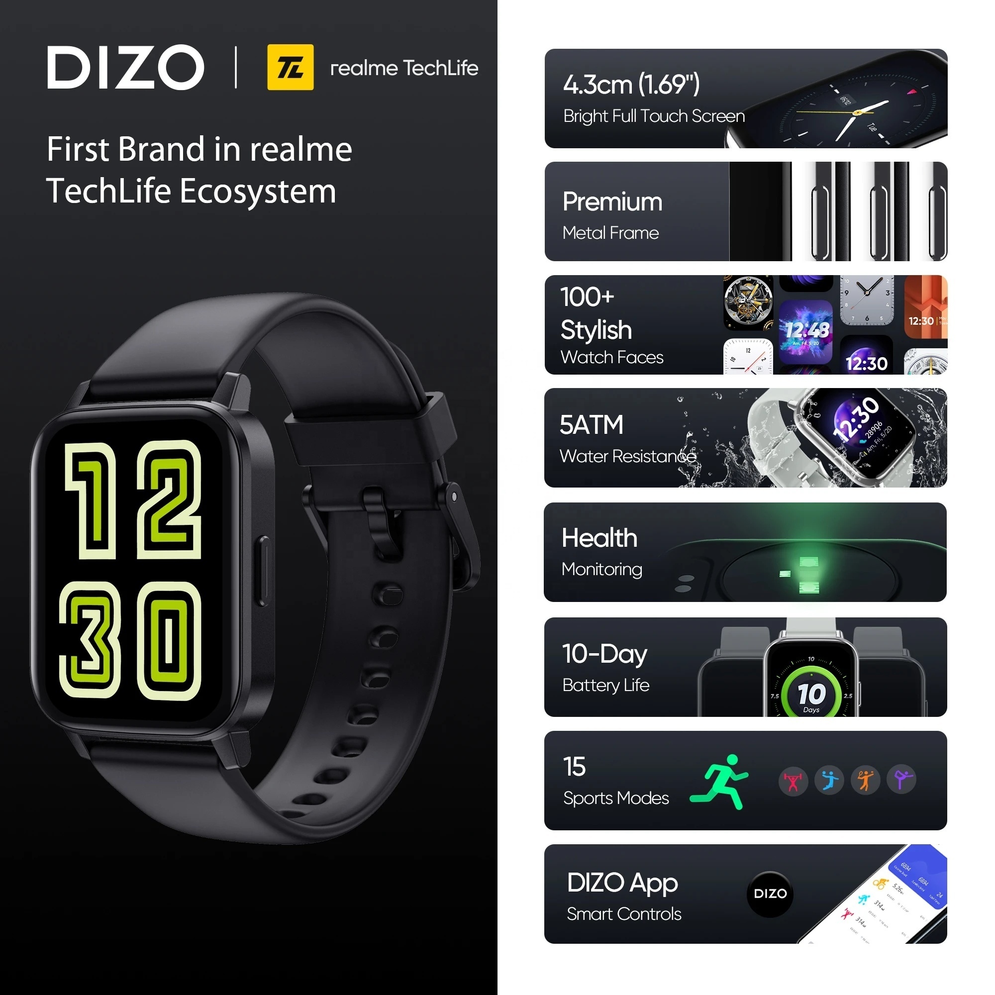 Realme DIZO Watch 2 Sports Smart Watch 1.69 inch Full Touch Screen 10 Day Battery Life Waterproof Bluetooth Smartwatch Men Women