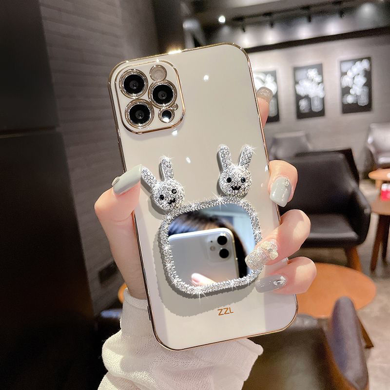 ShanHai Mirror Rabbit Holder Case On For iPhone 15 14 Plus 12 13 Mini 11 Pro Max 13pro 15pro 6 Stand Cover