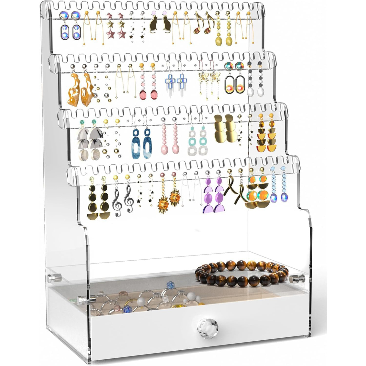 Custom Acrylic Earring Organizer Stand 4-Tier Ear Stud Earring Holder Clear Jewelry Display Holder Organizer with Drawer