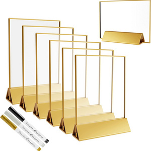 Clear Double Side Acrylic Menu Holder Wedding Table Number Gold Border Frame Display Stand For Party Photo Art Display