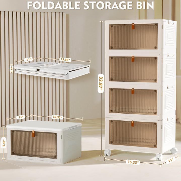 23QT Stackable Closet Organizers Foldable Plastic Containers Storage Boxes 4 Tier Collapsible Storage Bins with Wheels