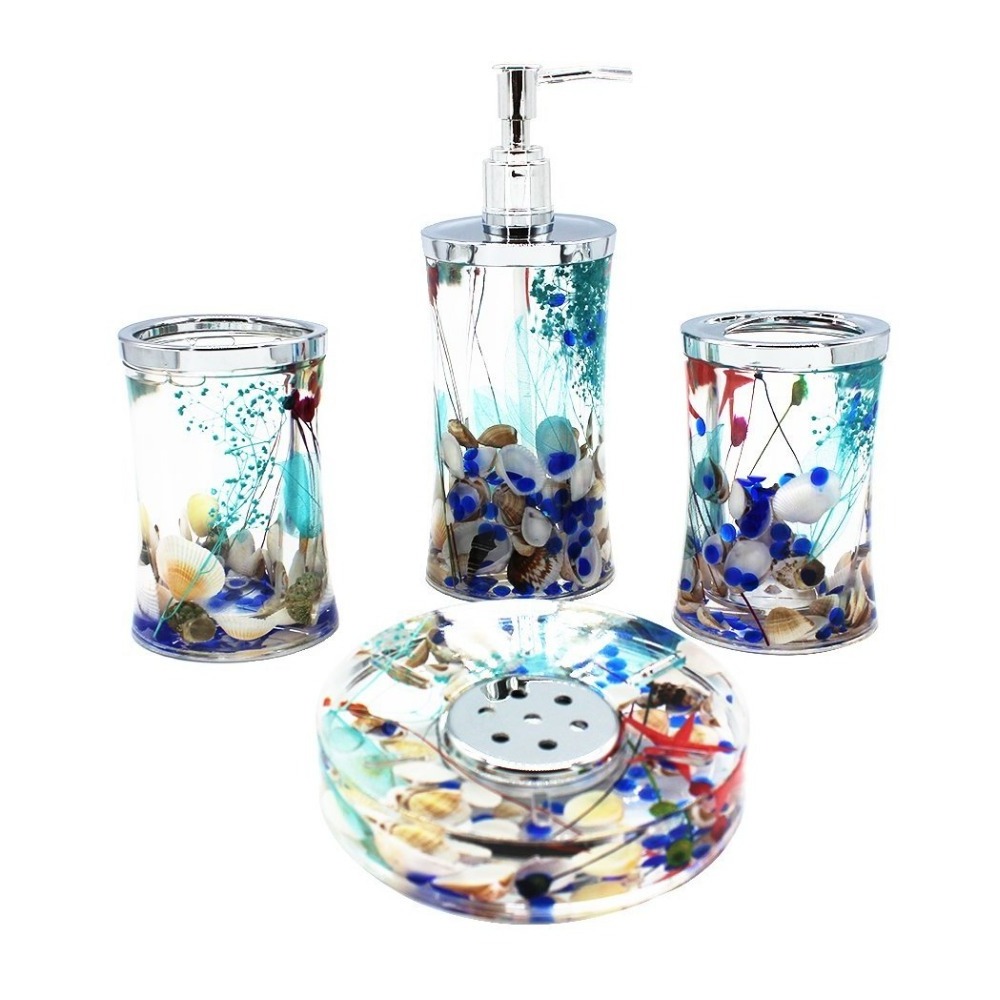 Unique Design Ocean Series Bathroom Organizer Set Acrylic Bathroom Washing Accessory Set With Blue Glass And Sea Shell