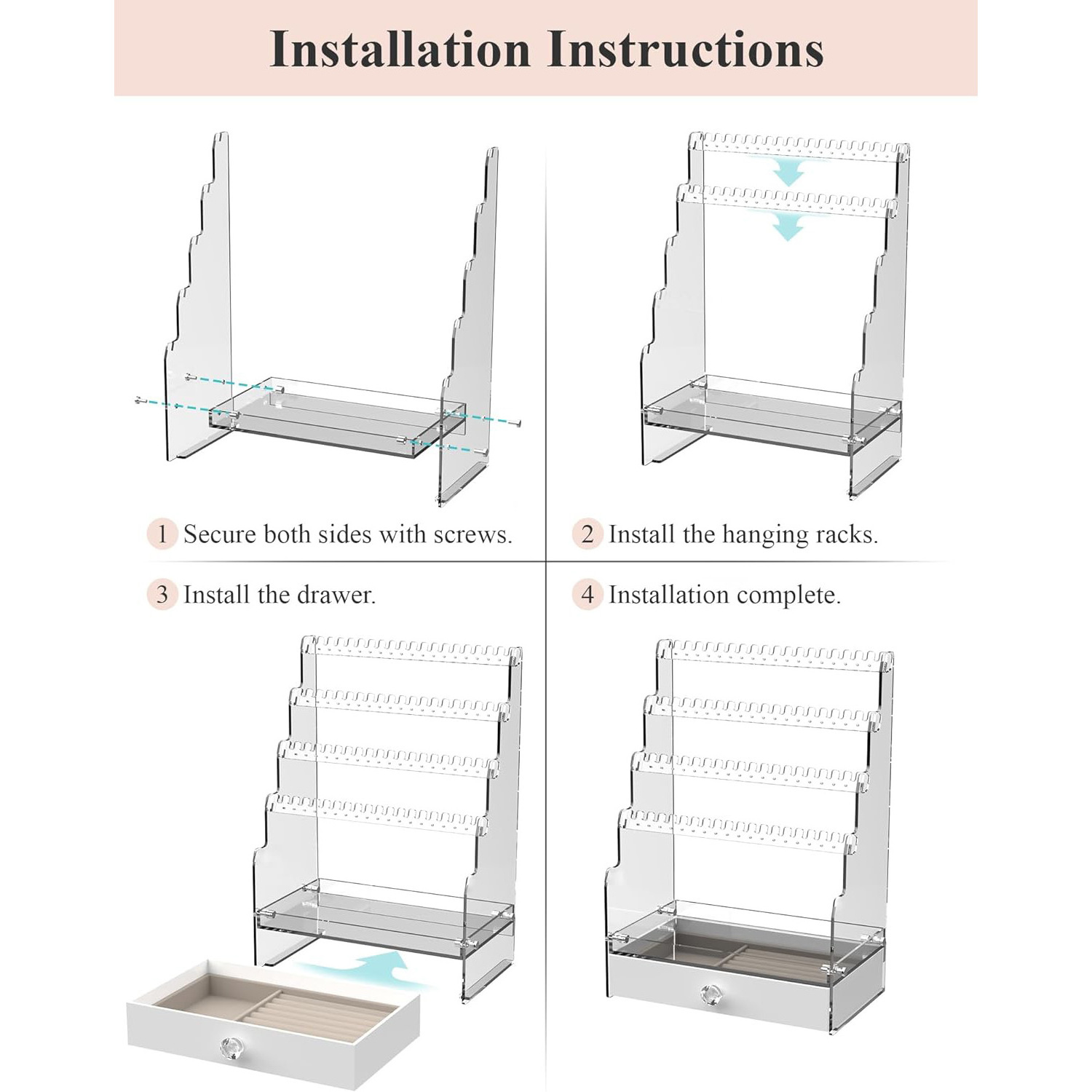 Custom Acrylic Earring Organizer Stand 4-Tier Ear Stud Earring Holder Clear Jewelry Display Holder Organizer with Drawer