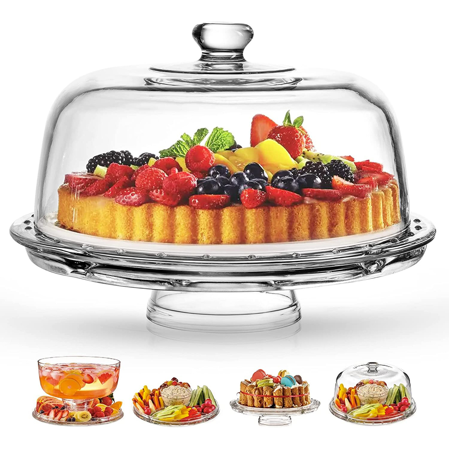 6 in 1 Multifunctional Dessert Serving Platter Clear Cake Plate Holder  Acrylic Cake Stand with Dome Cover for Salad Bowl