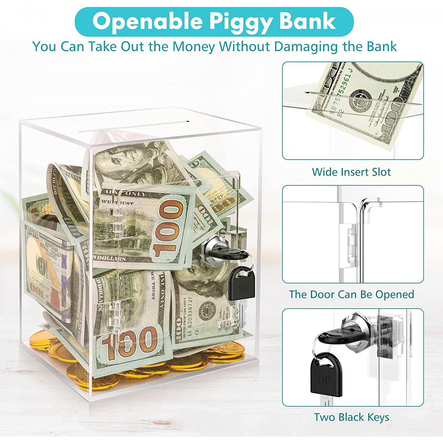 Custom Openable Piggy Banks Clear Saving Money Box Acrylic Piggy Bank with Lock for Adults Kids Gift