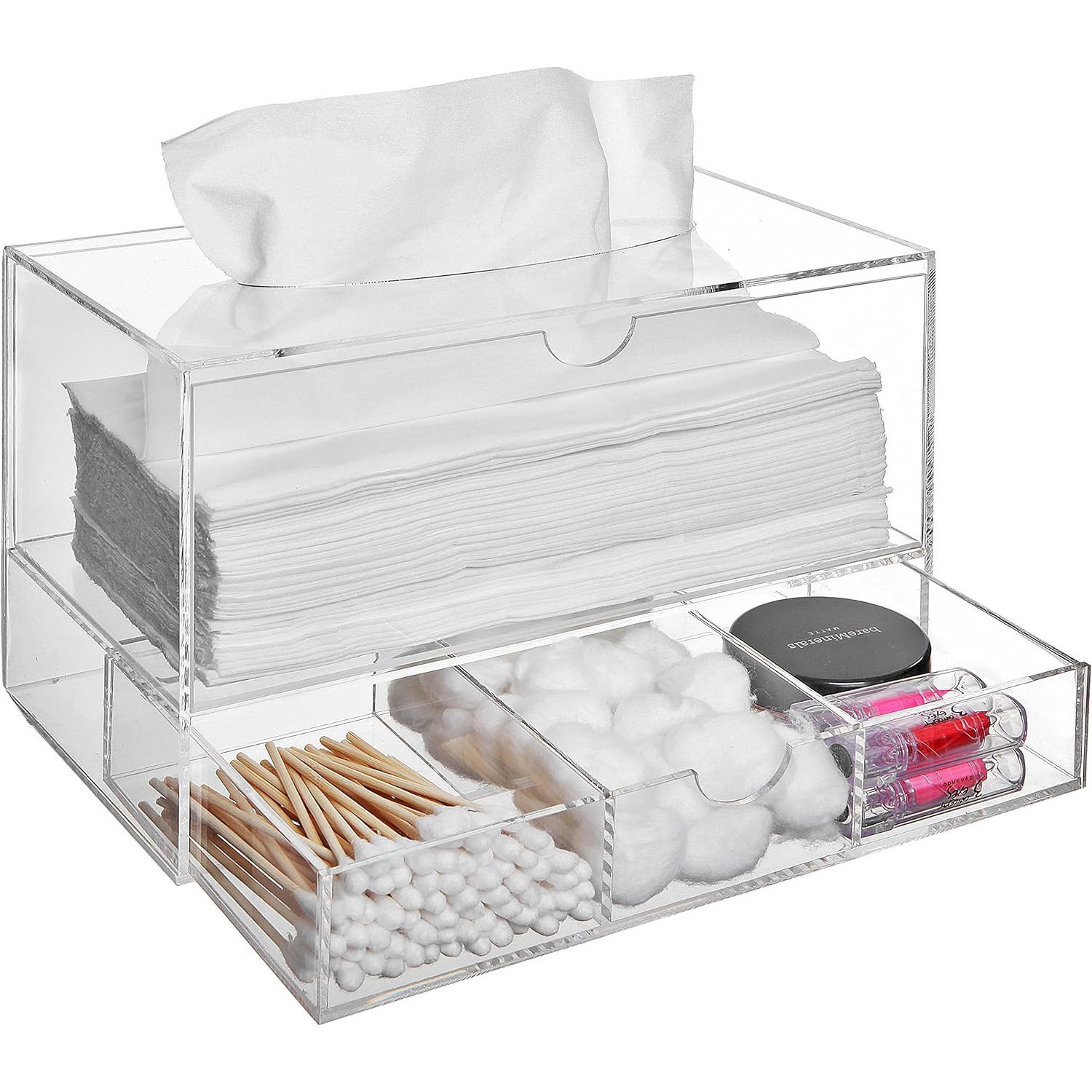 Clear Acrylic Facial Tissue Dispenser Holder Makeup Cosmetic Cotton Pad Organizer Box with Drawer for Vanity Countertop Bathroom