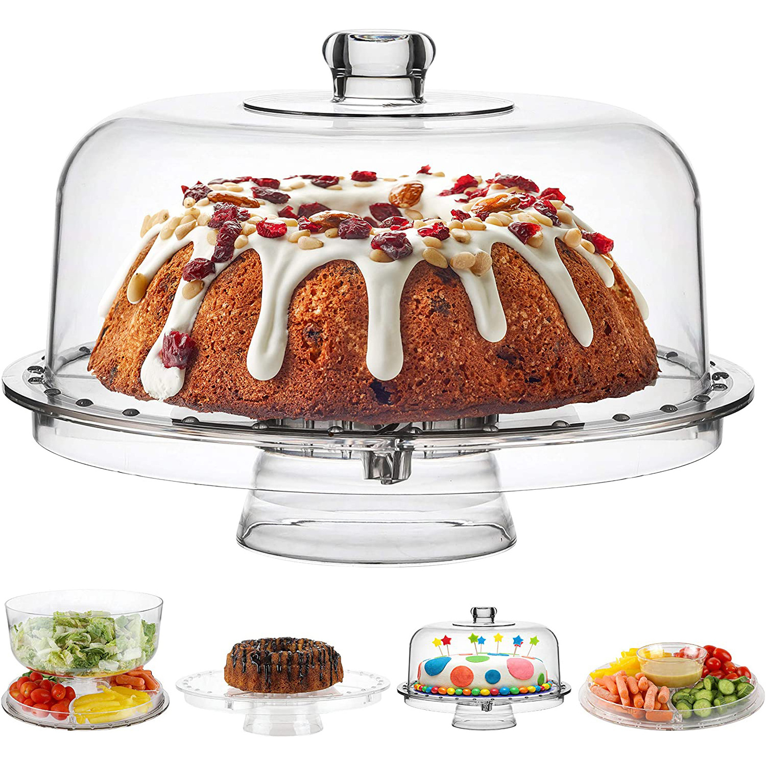 6 in 1 Multifunctional Dessert Serving Platter Clear Cake Plate Holder  Acrylic Cake Stand with Dome Cover for Salad Bowl