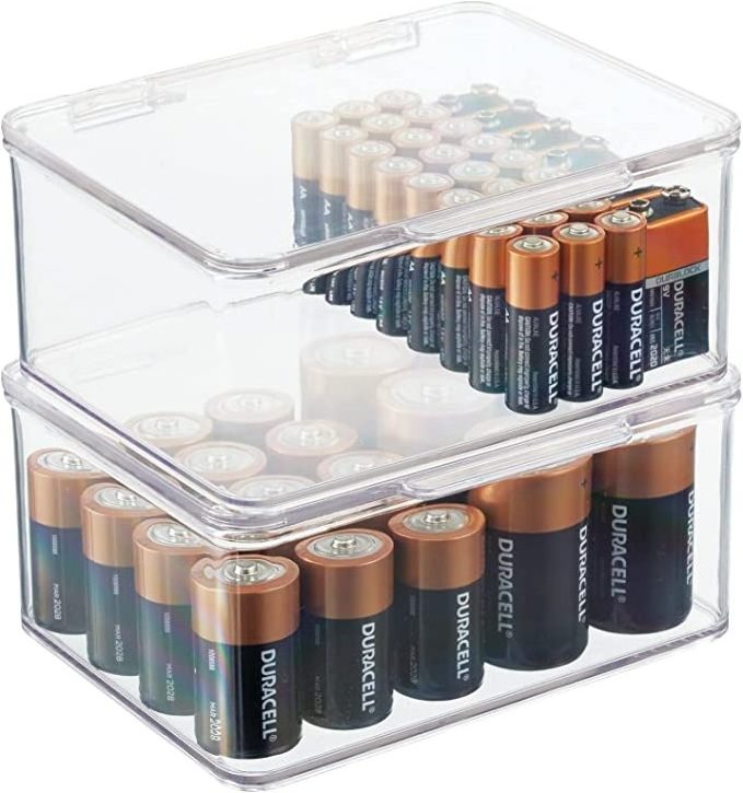 Plastic Small Stackable Divided Battery Storage Organizer Box with Hinged Lid for  D 9 Volt Sizes Great Storage