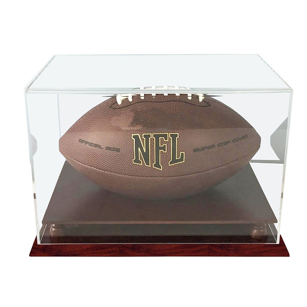 Deluxe Versatile UV Acrylic Sports Products Display Box Risers Stand Football Display Case with Wooden Base