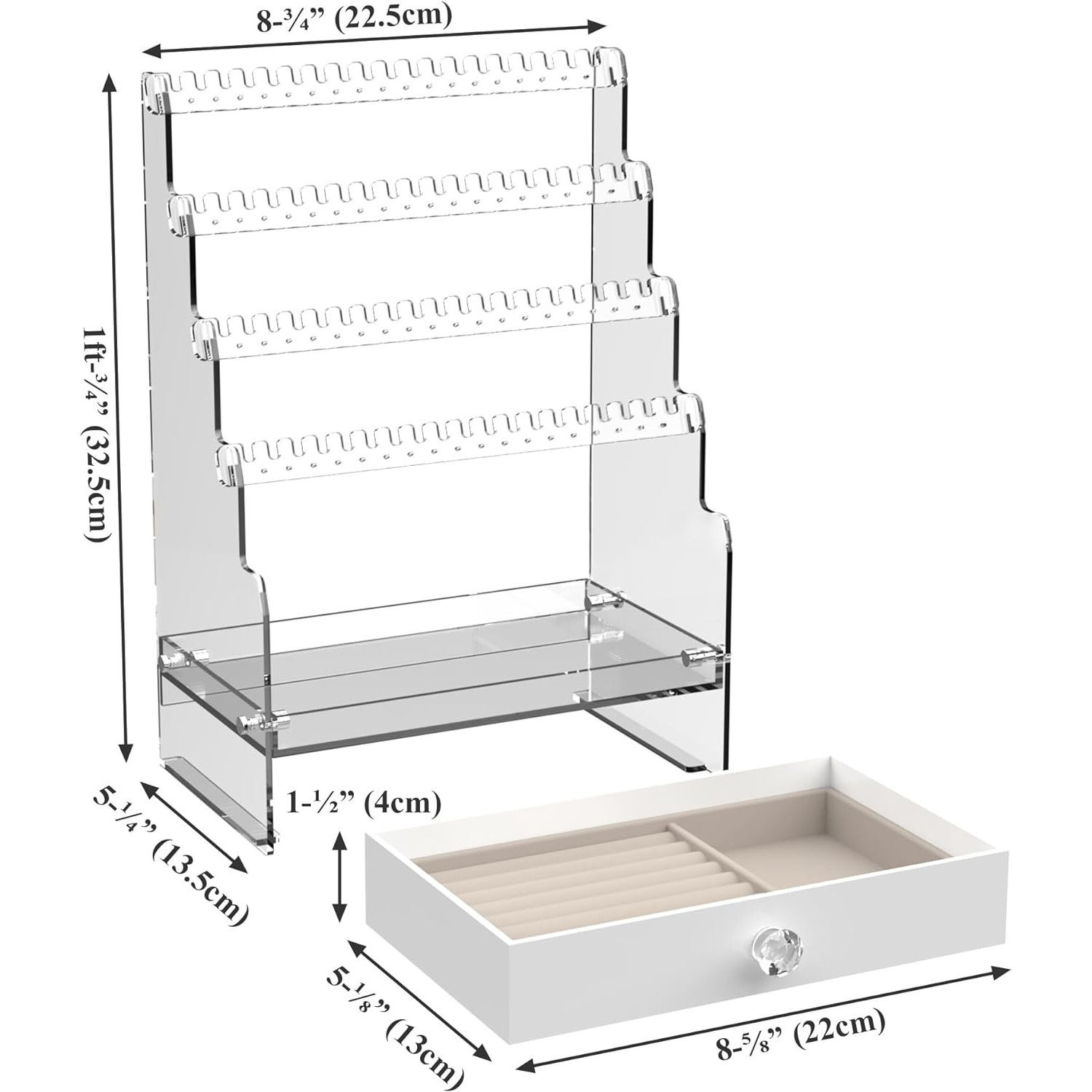 Custom Acrylic Earring Organizer Stand 4-Tier Ear Stud Earring Holder Clear Jewelry Display Holder Organizer with Drawer