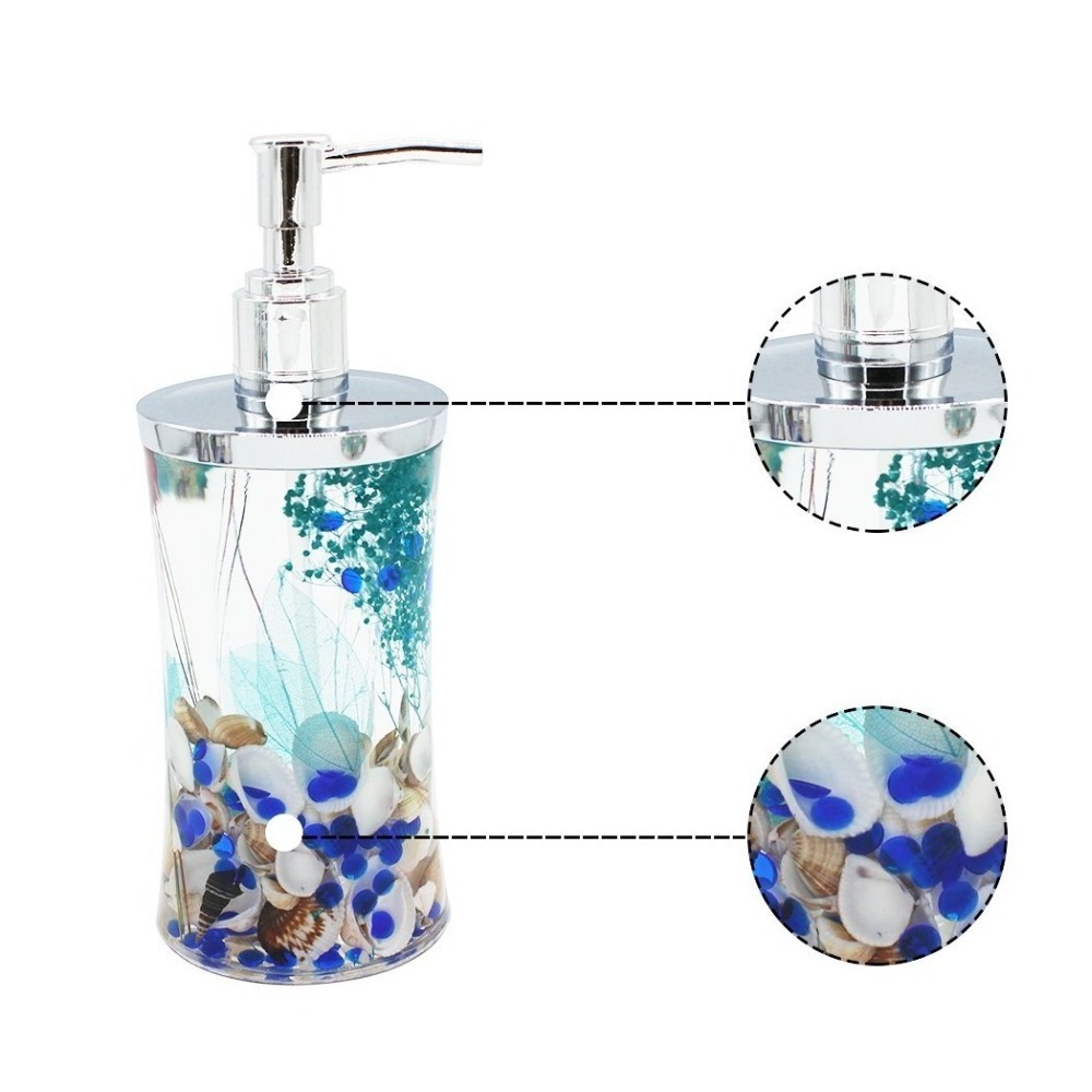 Unique Design Ocean Series Bathroom Organizer Set Acrylic Bathroom Washing Accessory Set With Blue Glass And Sea Shell