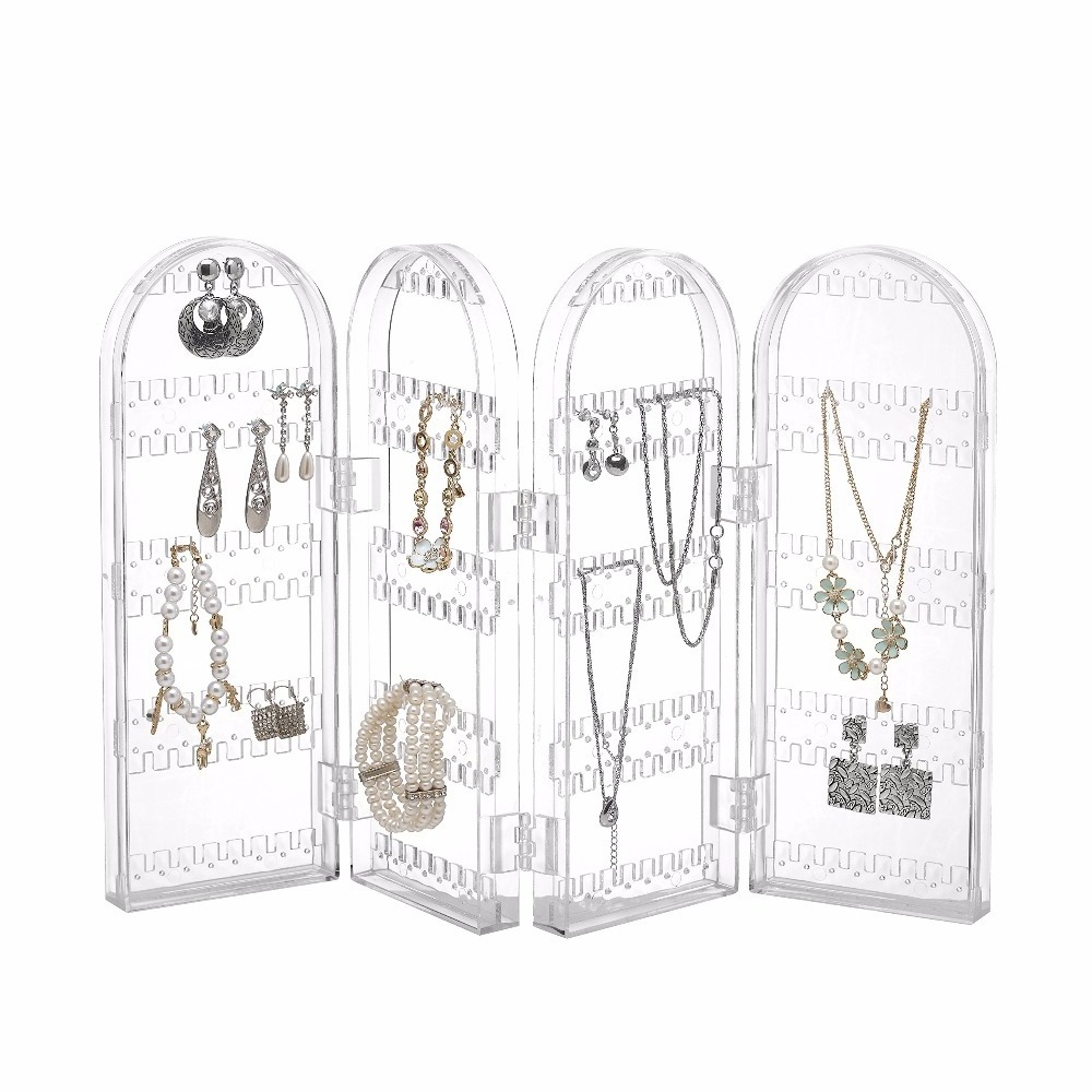 Clear 4 Doors Foldable Necklace Display Rack 256 Holes Double Sided Acrylic Jewelry Earrings Holder for Women Gift