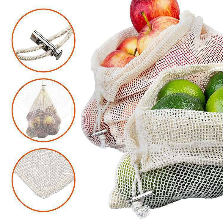 Fruit Cotton Vegetable Bags And Vegetable With Drawstring Reusable Home Kitchen Storage Mesh Bags produce cotton mesh bags