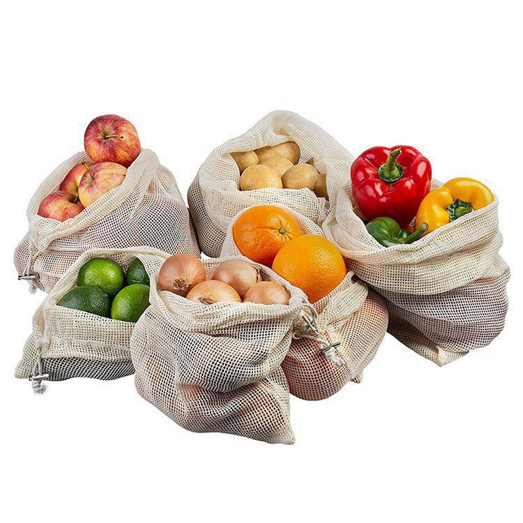 Fruit Cotton Vegetable Bags And Vegetable With Drawstring Reusable Home Kitchen Storage Mesh Bags produce cotton mesh bags