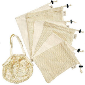 Fruit Cotton Vegetable Bags And Vegetable With Drawstring Reusable Home Kitchen Storage Mesh Bags produce cotton mesh bags