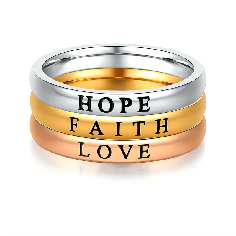 Fashion Jewelry Rings 3mm Custom Stainless Steel Hope Love Faith Letter Rings for Girls