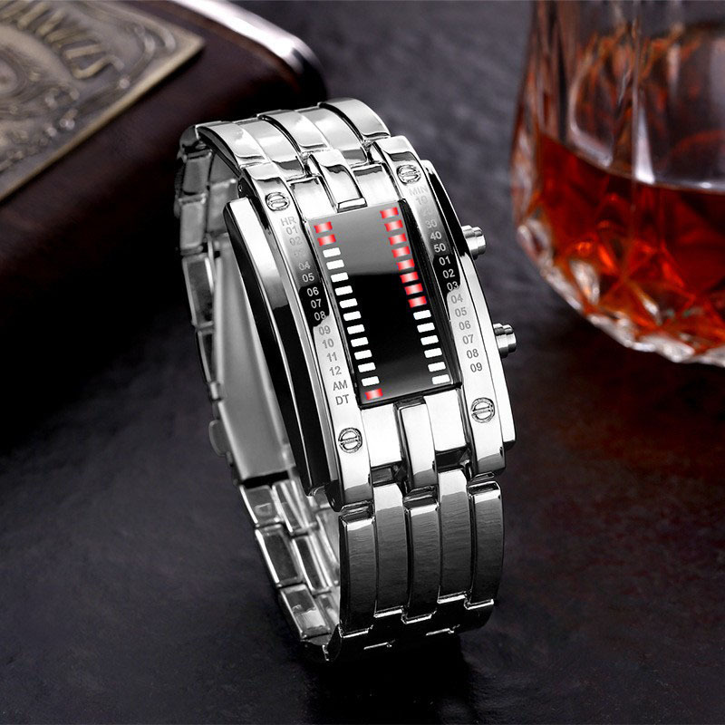 Men's Black Metallic Red Light Iron Man LED Display Watch Fashion Men's LED Digital Watch Gift Boy Sports Creative Clock