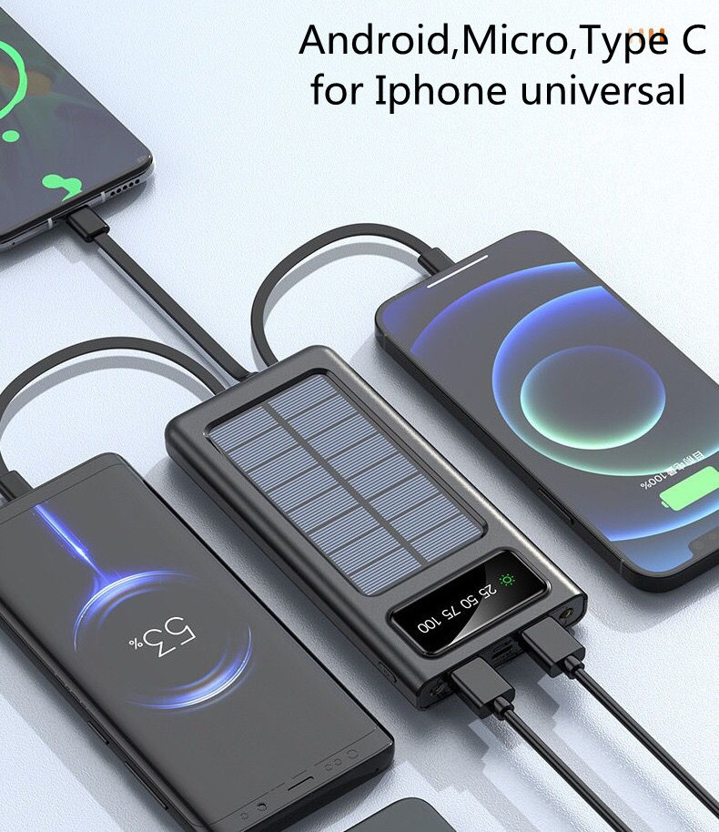 Solar Portable Charger 5000 10000 20000 30000mAh Solar Power Bank Built-in Cables Portable Battery for Mobile Phone