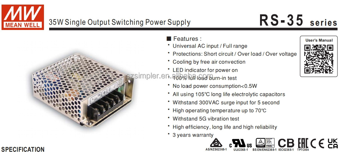 Meanwell original RS-35-24 switching power supply AC to DC single output fanless 1.5A 36w 24v power supply switch