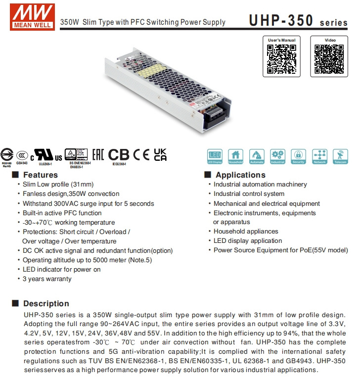 Mean Well uhp 350 5 Uhp-350-5 Slim 300W 60A 5V For Led Display Screen Switching Power Supply Slim Led Power Supply 5V