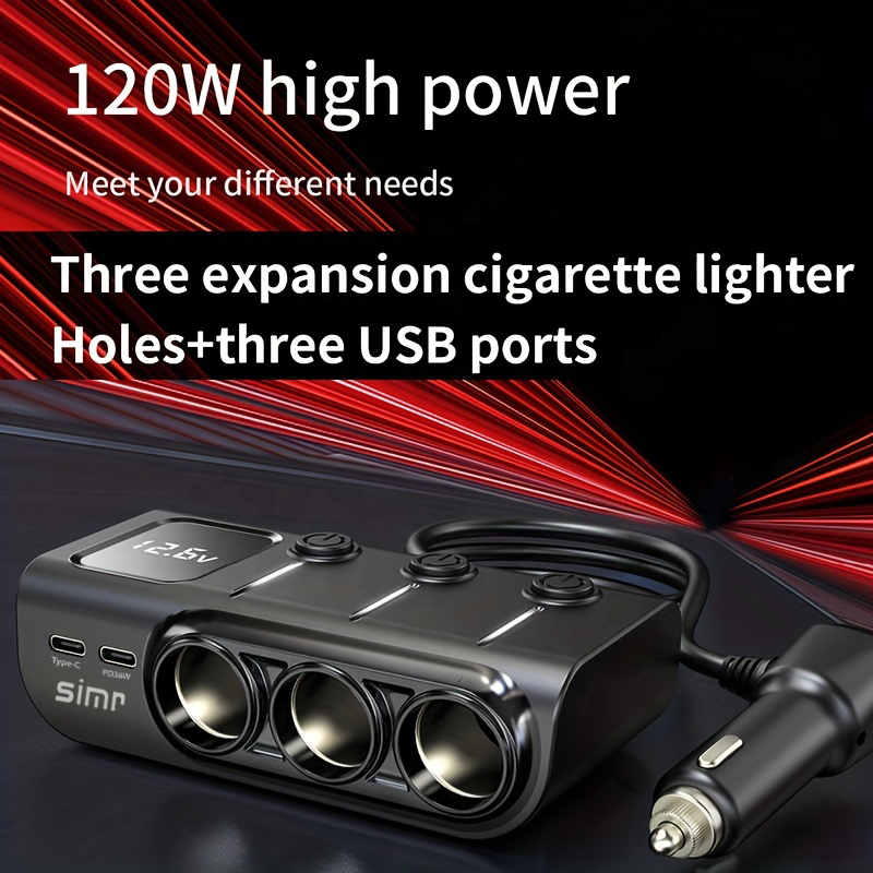 120W LCD 5 port PD36W 12v dual usb charger with cigarette lighter socket switch qc3.0 car charger car cigarette lighter socket