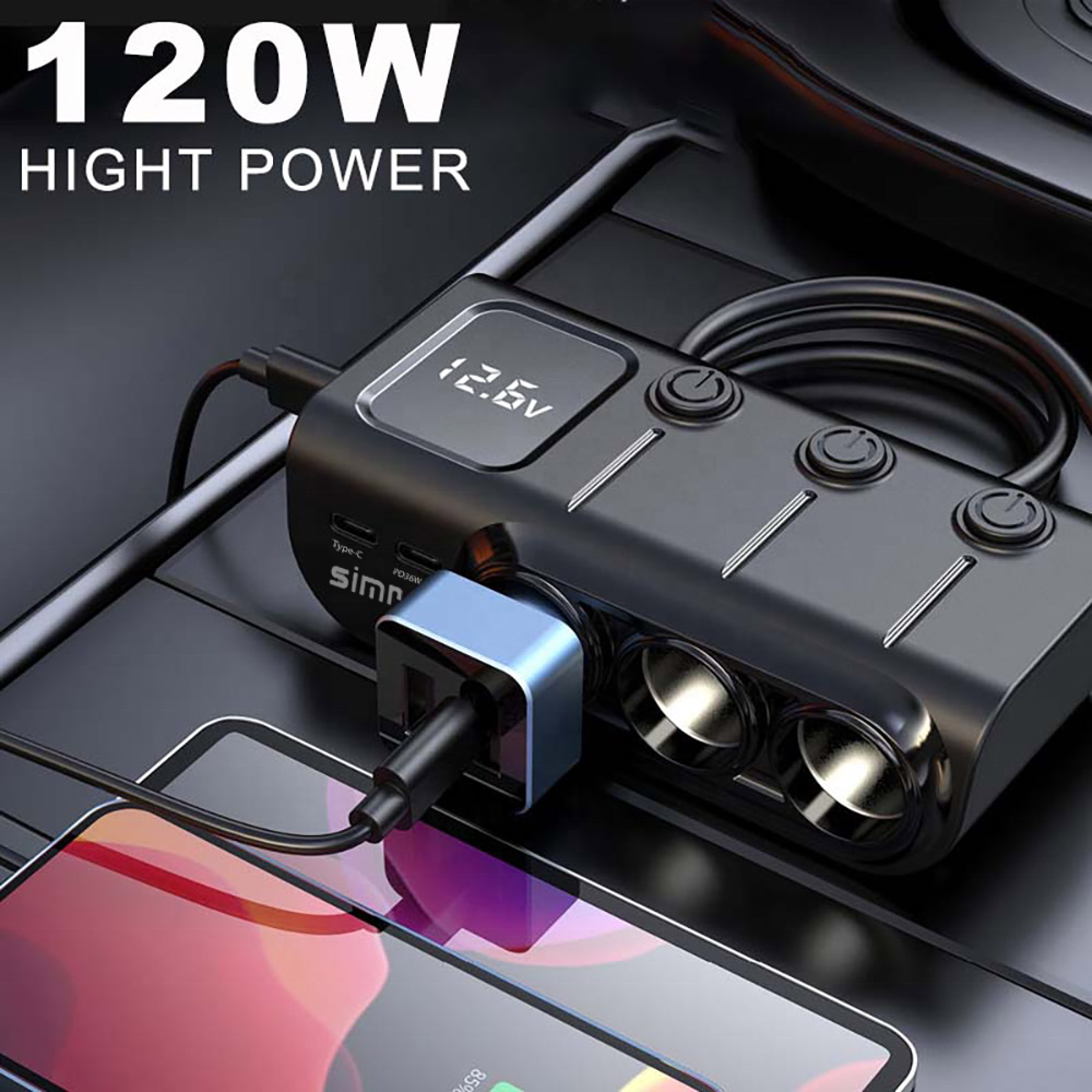 120W LCD 5 port PD36W 12v dual usb charger with cigarette lighter socket switch qc3.0 car charger car cigarette lighter socket