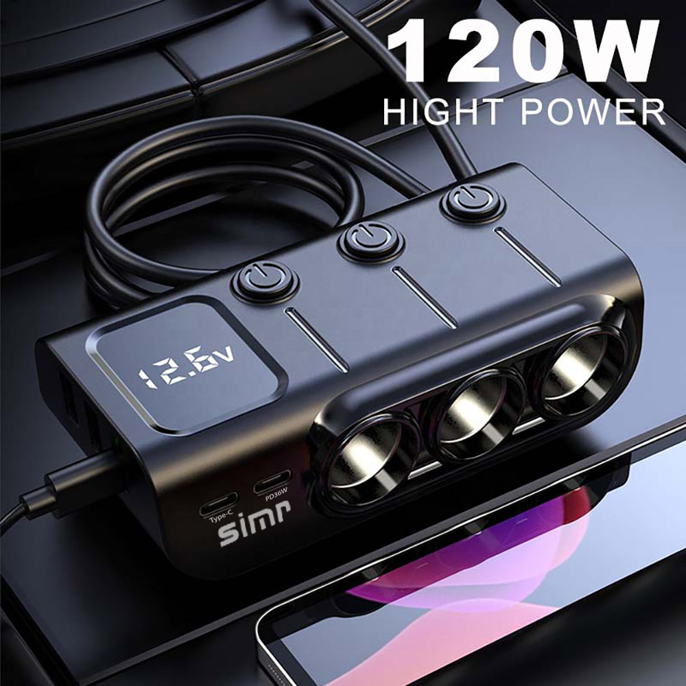 120W LCD 5 port PD36W 12v dual usb charger with cigarette lighter socket switch qc3.0 car charger car cigarette lighter socket