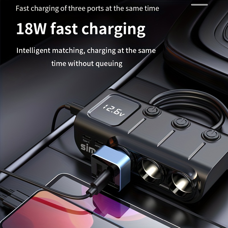 120W LCD 5 port PD36W 12v dual usb charger with cigarette lighter socket switch qc3.0 car charger car cigarette lighter socket