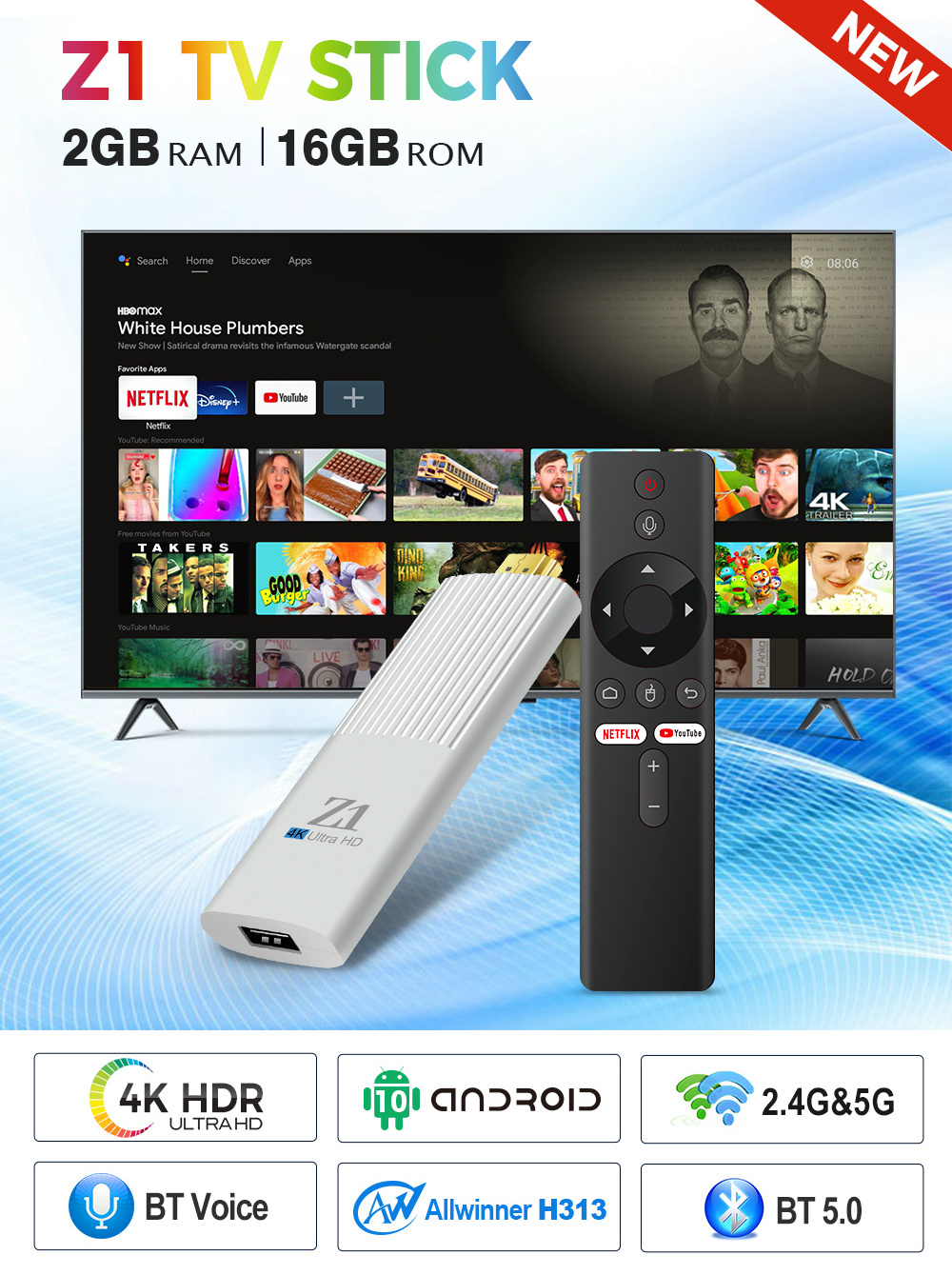 4K Mini Size Z1 TV Stick Android 10.0 H313 2gb 16gb WiFi 2.4G+5G+BT4.0 TV Box USB Smart Box