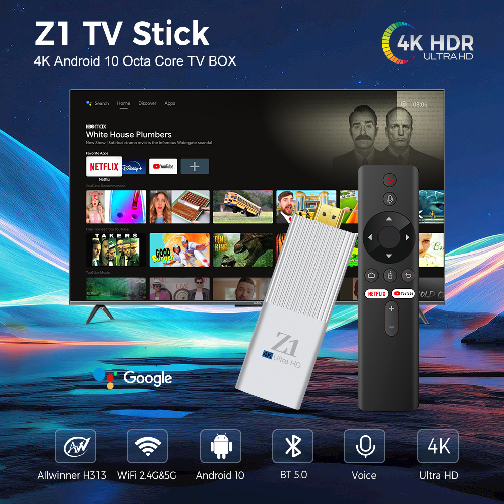 4K Mini Size Z1 TV Stick Android 10.0 H313 2gb 16gb WiFi 2.4G+5G+BT4.0 TV Box USB Smart Box