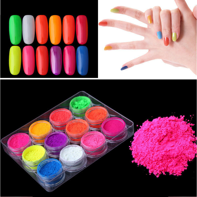 Hot 12colors glow in the dark powder Nail Dust  fluorescence powder painting many colors  neon pigment