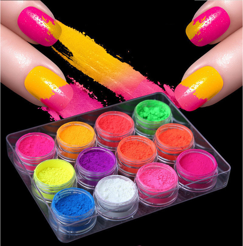 Hot 12colors glow in the dark powder Nail Dust  fluorescence powder painting many colors  neon pigment