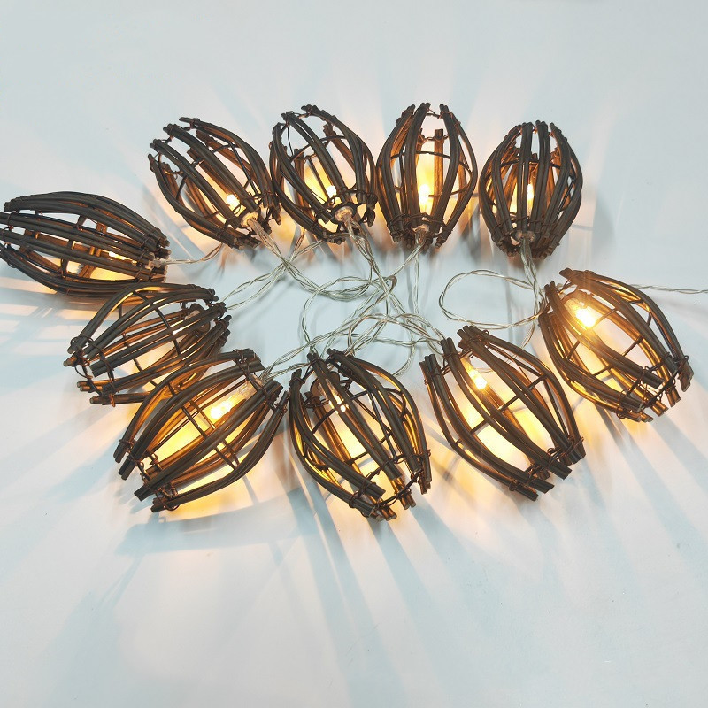 Handmade Dark Brown Rattan Ball String Lights Plug In Fairy Christmas Light Bamboo Woven Decorative String Lights