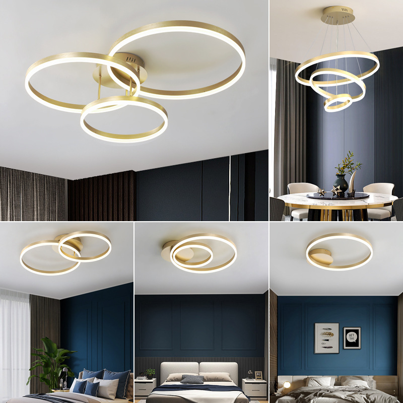 Surface Mount Modern Design Brushed Gold Coffee Black Iron Aluminum Square Round Ring Led Ceiling Light For Living Room